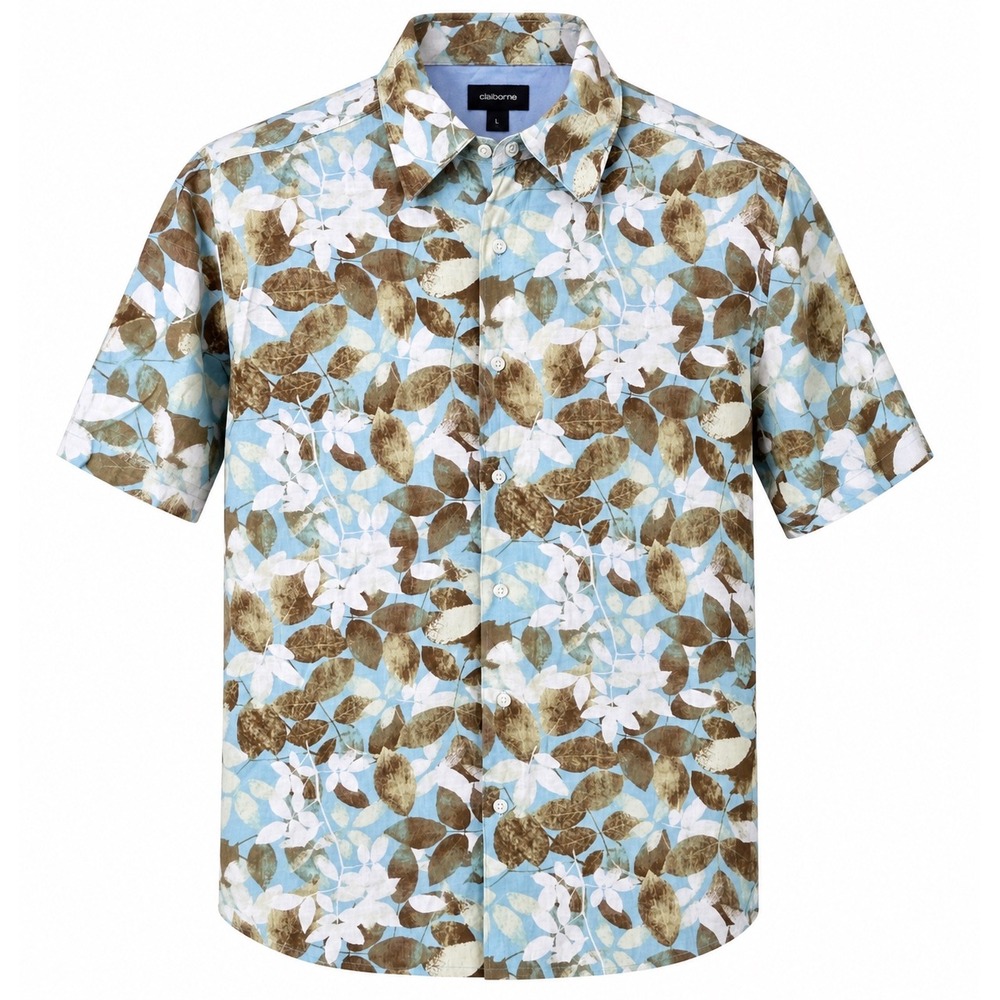 Claiborne Men's Floral Hawaiian Shirt Blue Brown White Rayon Blend Short Sleeve